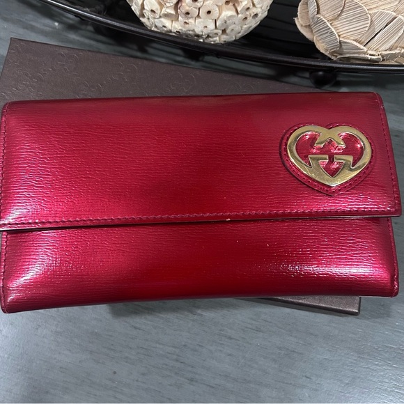 Gucci Handbags - Gucci Red Wallet with Gold Heart Detail